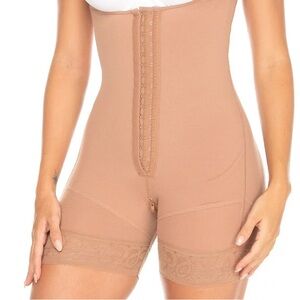 Tan High-Waisted Shapewear Bodysuit with Lace Trim